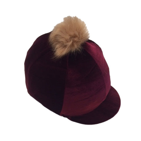 Burgundy Velour Skull Cover with Faux Fur Pom Pom